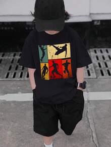 Boys & Teens Casual Printed Crew Neck Short Sleeve T-Shirt, Summer Top - Black - View 8