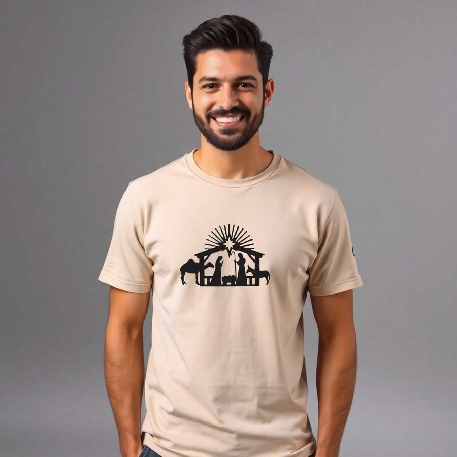 Christmas T-Shirt With Jesus Print, 100% Cotton. - Krem - View 1