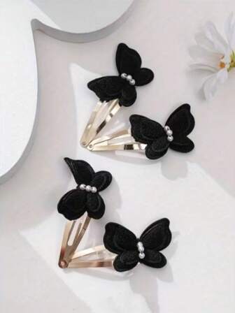 4个黑色蝴蝶发夹，简约设计隐形防滑发夹