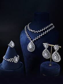 4pcs/Set Silver Cubic Zirconia Pendant Necklace, Earrings, Bracelet, Open Ring Jewelry Set, Elegant & Luxurious Daily Wear For Women - Water Drop Pendant Sweater Chain Four-piece Set - View 5