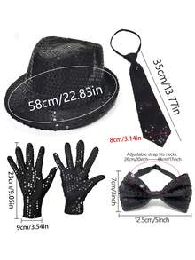 DEXCEED 4 Pcs 70s Disco Sequin Costume Kit With Hat, Tie, Gloves & Bow Tie For Party Night, Stage Looks, Cosplay, Halloween Dress-Up,Valentine's Day Costume - Multicolor - View 10