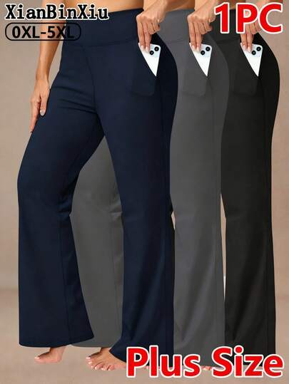 XianBinXiu 1件加大码女式藏蓝色喇叭瑜伽裤，高腰显瘦宽松休闲瑜伽紧身裤，带口袋，针织面料，弹力舒适，适合日常休闲穿着和瑜伽，四季皆宜。