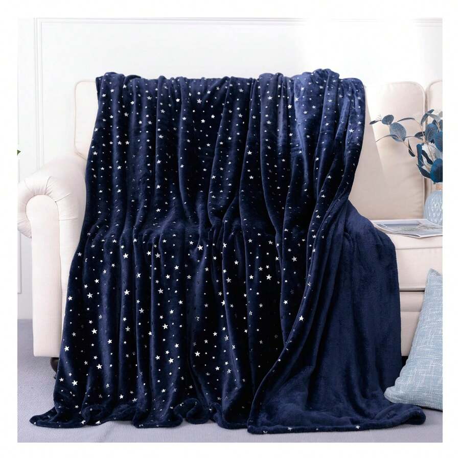 Stellhome Navy Blue Throw Blanket, Ultra Soft Thick Flannel Star Foil Print Fleece Bed Blanket For Sofa Couch, Twin Size 80"X65".Flannel Multifunctional Blanket, Office Sofa, A Must-Have For Home Use, Wraps Around The Lazy And Soft Feeling Of The Entire Afternoon, And Is Skin Friendly Without Shedding Hair - Nhiều màu - Xem 1