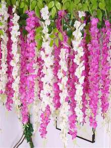 Juego de 12 piezas de flores colgantes de glicina artificial, decoración del hogar, fiestas de bodas - Rojo violeta - Ver 3