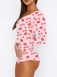 Women's Valentine's Day XOXO Lip  Heart Print Pajama Set - Long Sleeve Cropped Top With Shorts - Flirty Festive Loungewear - 粉色 - 查看 5