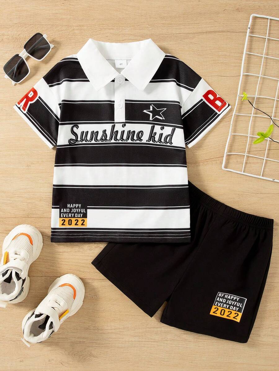 男童休闲条纹字母印花翻领 Polo 衫和短裤两件套，夏季套装 - 黑色 - 查看 1