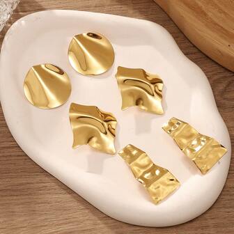 3 Çift Asimetrik Metalik Pürüzsüz Buruşuk Küpe, Lüks Minimalist Kişiselleştirilmiş Üst Düzey Tasarım Küpe Seti, Kış 2025