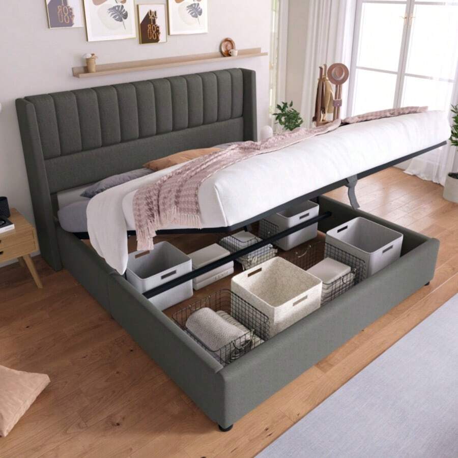 Storage Bed, Upholstered Bed, Hydraulic Double Bed 160x200cm, Wooden Slatted Base, Bed With Metal Slatted Base, Linen, Grey - Grey - View 1