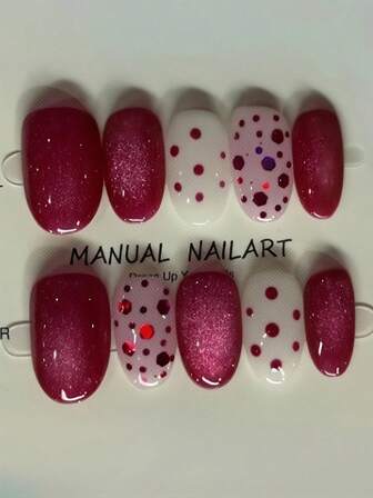 10 st handgjorda korta mandelformade, helt inslagna lösnaglar, lätta lyxiga och exklusiva drakefruktkattögon med prickig design, lämpliga för kvinnor med olika stilar att bära och använda i vardagen, kan ges som present