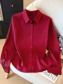 Camisa de mujer de unicolor con botones, ligera para uso diario, primavera/verano - Burdeos - Ver 4