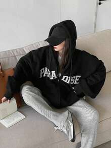 Sweatshirt Wanita Gaya Retro Amerika Kasual Ukuran Besar Warna Hitam dengan Resleting dan Cetakan Huruf Besar - Hitam - View 8