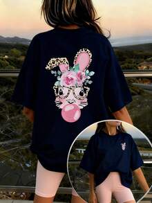 1pc Girls' Printed Pullover Pink Short Sleeve T-Shirt, Student Casual Young Clothing, Comfortable & Fashionable Summer Top For Girls - Navy Blue - View 1