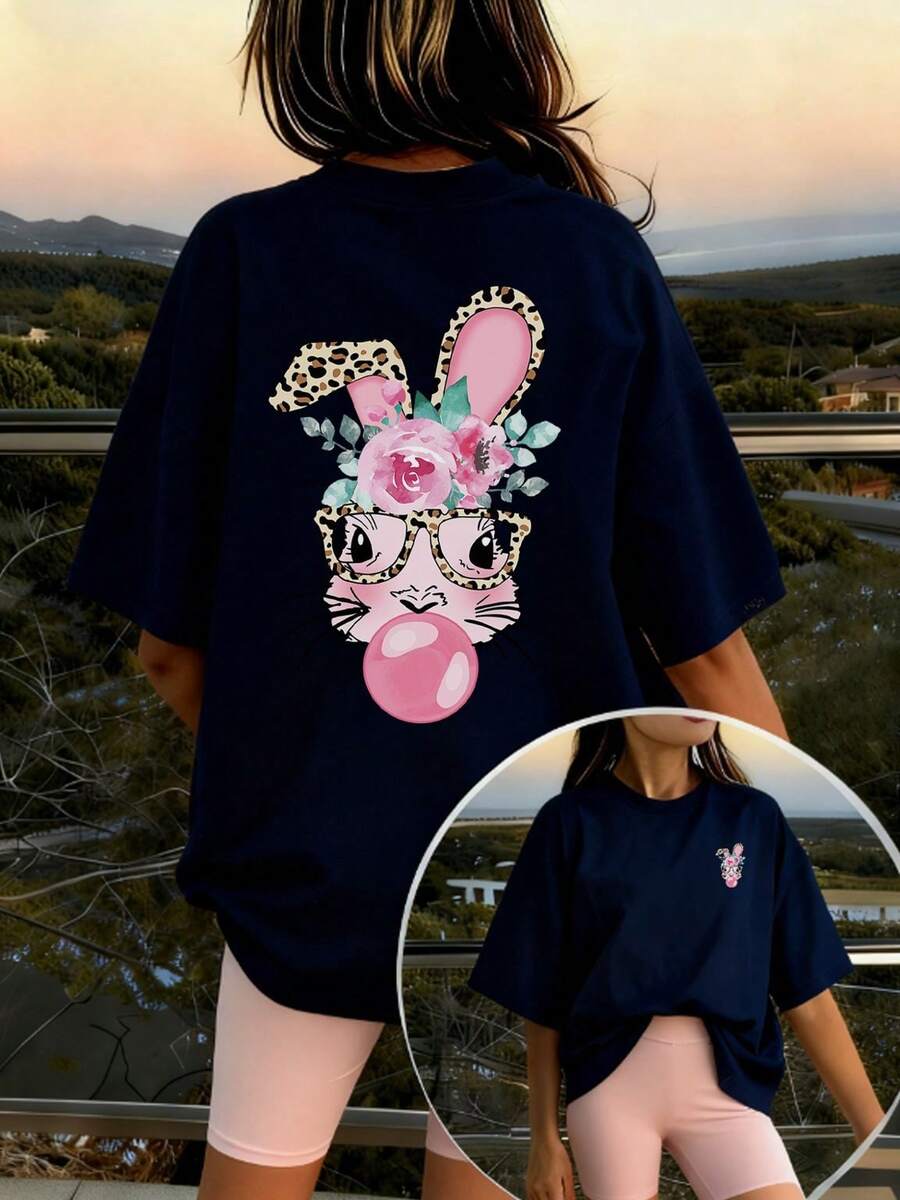 1pc Girls' Printed Pullover Pink Short Sleeve T-Shirt, Student Casual Young Clothing, Comfortable & Fashionable Summer Top For Girls - Navy Blue - View 1