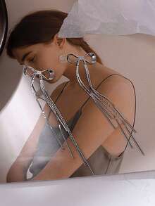 1 对简约蝴蝶结流苏吊坠，适合女性日常佩戴 - 銀色 - 查看 3