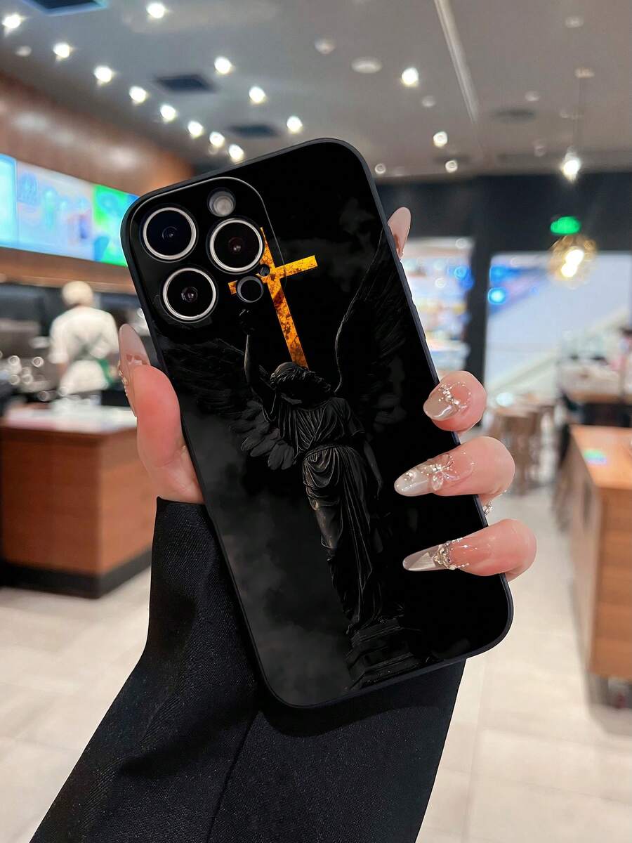 Funda de teléfono TPU negra con diseño de ángel con cruz compatible con fundas de teléfono 17 16 Pro Max 15 Pro Max 13 y 12 hecha de material de TPU que brinda protección contra golpes y caídas, un regalo significativo para familiares, amigos, seres queridos, novios, novias y Navidad,fundas para celular,fundas de celular,funda de celular,fundas graciosas,fundas para celulares,fundas de ,fundas 11, 13,fundas para 14,case ,fundas ,funda , - Negro - Ver 1