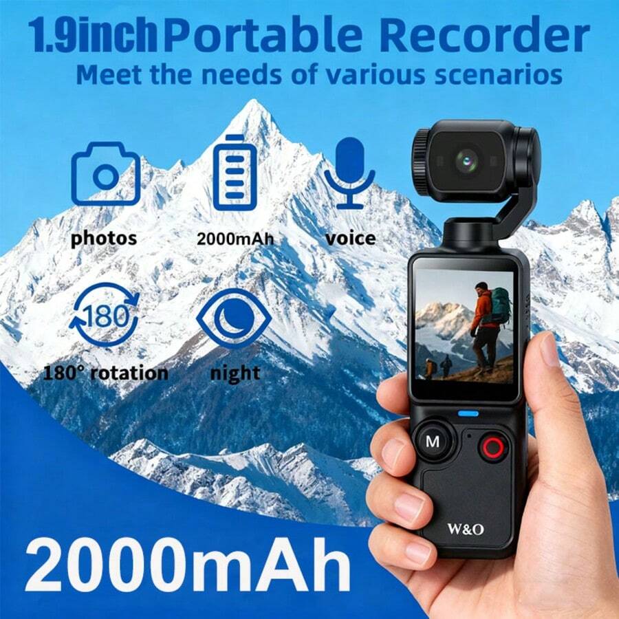 W&O 4K 1.9"HD Video Recording Camera - Portable, Rechargeable, Video Log Camera, 4k Handheld Stabilizer Pocket Sports Camera Gimbal | 4k Handheld Stabilizer | Magnet | 180 ° Perspective, Body Camera, USB Charging 180 ° Rotation, 1.9 "CMOS, Perfect For Video And Video Recording, Perfect For Life Recording And Travel - màu đen - Xem 1