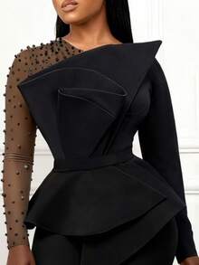 Women's Elegant Mesh Sleeve Black Dress With Pearl Embellishments - Asymmetric Ruffle Design, Peplum Waist, Ideal For Formal Occasions, Weddings & Dates - 黑色 - 查看 4
