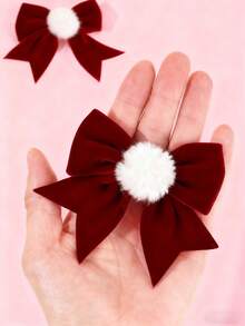 2个可爱丝绒圣诞发夹，酒红色蝴蝶结发夹，适合日常秋冬季节及节日派对佩戴，女士甜美发饰，圣诞冬季发带，爪夹，发夹，发卡