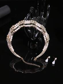 3pcs European And American Fashion Minimalist Sweet Elegant Pearl & Rhinestone Necklace And Earrings Jewelry Set - Gold - View 5