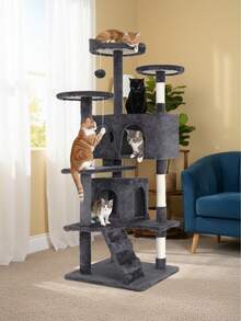 Cat Tree Tower For Indoor Cats, 53.9in Multi-Level Cat Furniture Activity Center, Kitty Play House With Sisal Scratching Post, Large Dual Condo, Climbing Ladder, Plush Toy For Kitten - Navy Blue - View 7