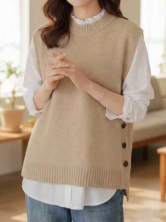 加大码舒适袖口毛衣背心 - 柔软、无袖、纯色针织背心，适合春秋季节穿着，舒适休闲女装，适合日常穿着