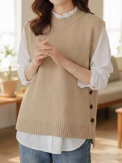 大码舒适针织背心 - 柔软无袖纯色针织背心，适合春秋季穿着，舒适休闲，适合日常穿着。