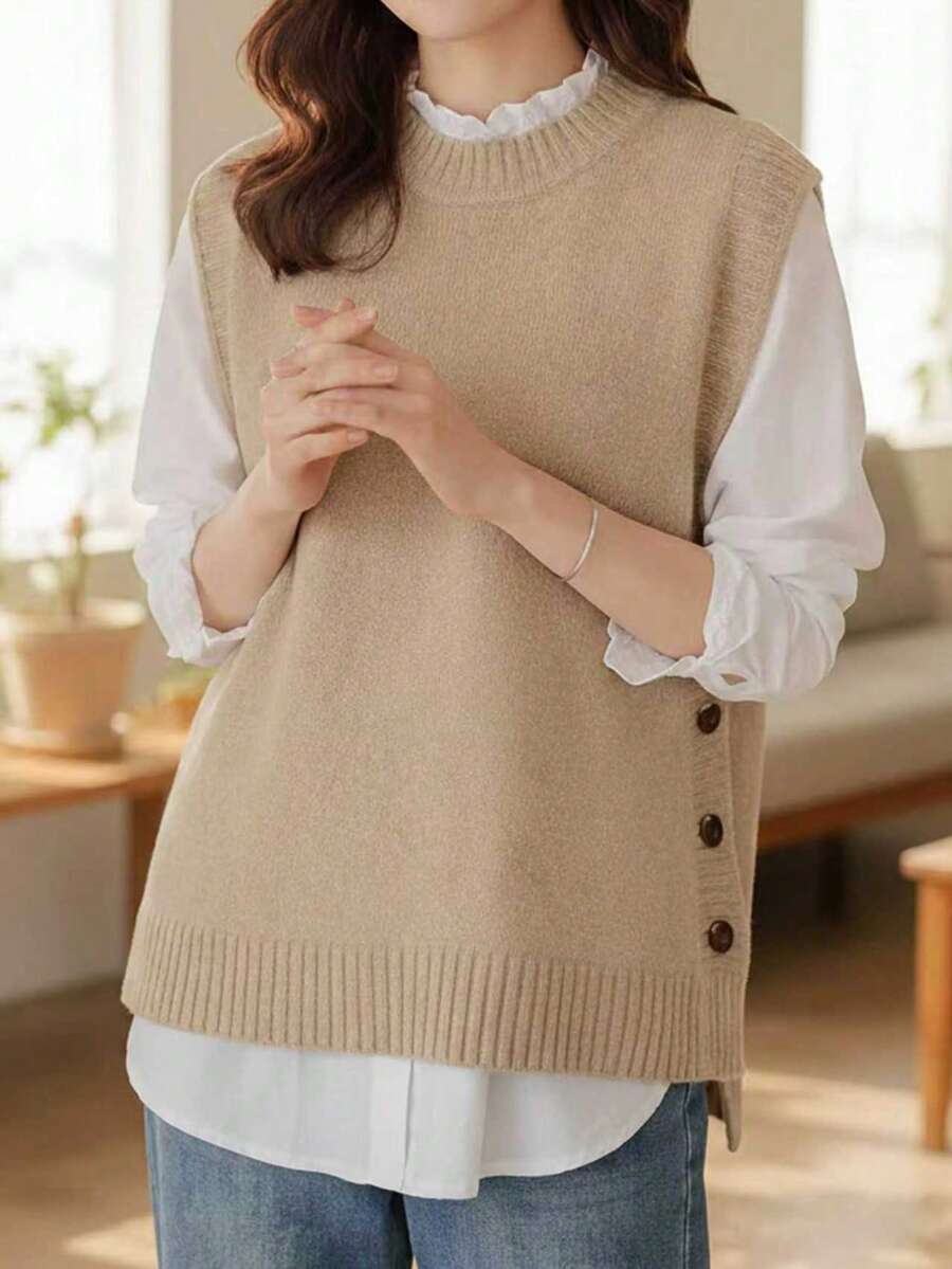 Áo ba lỗ dệt kim cỡ lớn thoải mái - Áo ba lỗ dệt kim mềm mại, màu trơn, thích hợp cho mùa xuân và mùa thu, thoải mái và giản dị, phù hợp để mặc hàng ngày. - Màu be - Xem 1