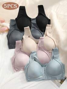 5-Piece Set Of Women's Bras, With Adjustable Front Snap Design, Providing Shaping And Firming Effect, Making The Breast Shape More Rounded And Upright. One-Piece Non-Detachable Padding, Which Doesn't Fall Out Of The Cups. Strong Elasticity, Comfortable Fit, Suitable For Daily Wear Bras. - Multicolor - View 6