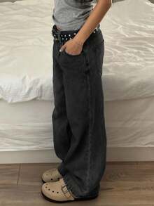 女士复古宽松直筒牛仔裤 - 黑色 - 查看 2