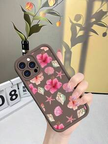 Funda de teléfono TPU con estampado de flores y conchas para iPhone X/XS/11/12/13/14/15/16 y , estilo tropical - Marrón - Ver 2