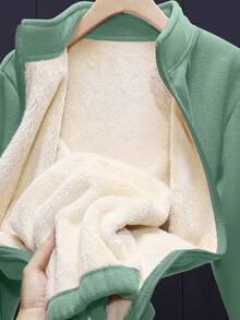 Women's Autumn/Winter Solid Color Fleece Jacket, Lambswool Double-Sided Coral Fleece Zipper Coat, Built-In Pockets, Zipper Pockets, Simple And Sports - Mint Green - View 2