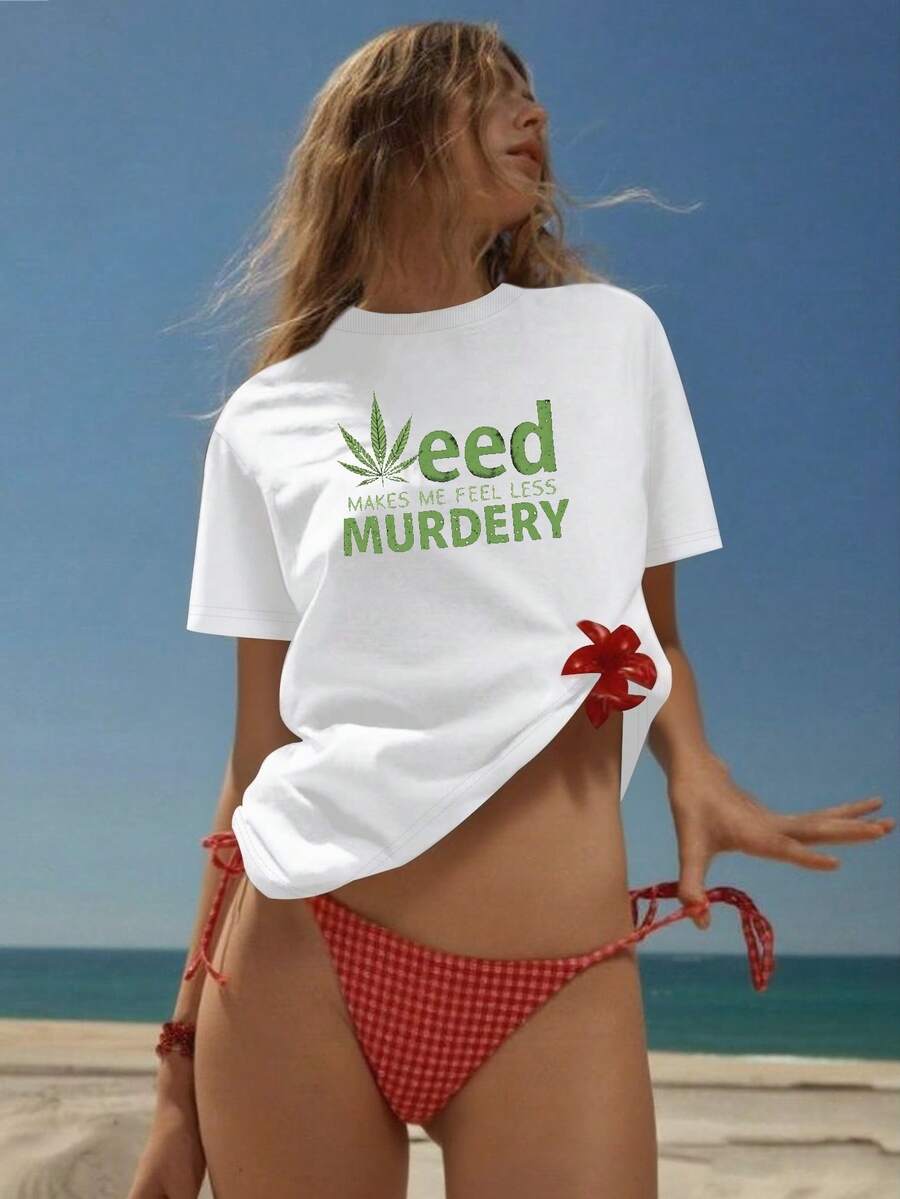 With Cannabis Leaf And Bold Phrase Women's Pure Cotton Comfortable T-Shirt - 白色 - 查看 1