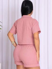 Women's Linen Set Consisting Of Shorts And A Short-Sleeved Blouse. - 乾枯玫瑰色 - 查看 2