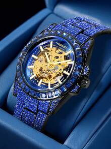 1 Piece Blue Diamond-Encrusted Men's Automatic Mechanical Watch With Alloy Case And Blue Crystal Inlaid Band, Luxury Hollow-Out Dial Timepiece, Eye-Catching Elegant Design​ - 藍色 - 查看 9