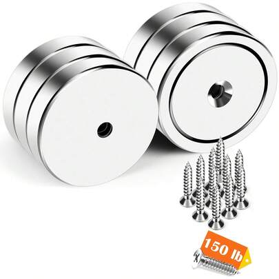 6pcs Cup Magnet 20lb-150lb Pull Force Magnets, With Countersunk Holes, Industrial Strength Round Base, Includes Screws, For Workplaces, Offices And Garages, Securing, Lifting, Hanging Tools (Silver)