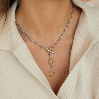 S SHOPBOHO 1件双色不锈钢手工Y型长项链，百搭叠戴单品，适合女性日常佩戴，OT扣环套索项链