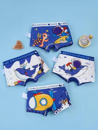 4 件装 男童内裤 透气 卡通潜水员印花短裤