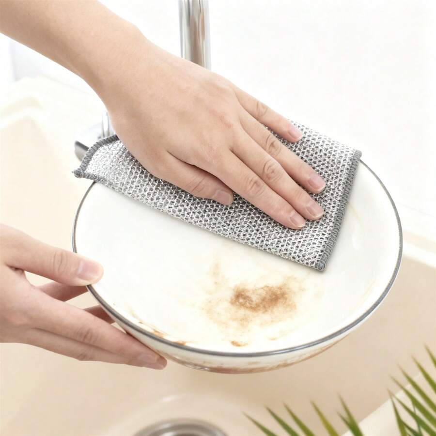 20 piezas/50 piezas Paño de plato de alambre de plata de doble capa, paño de malla resistente al aceite y al desgaste para limpiar ollas en el hogar - Plateado - Ver 1
