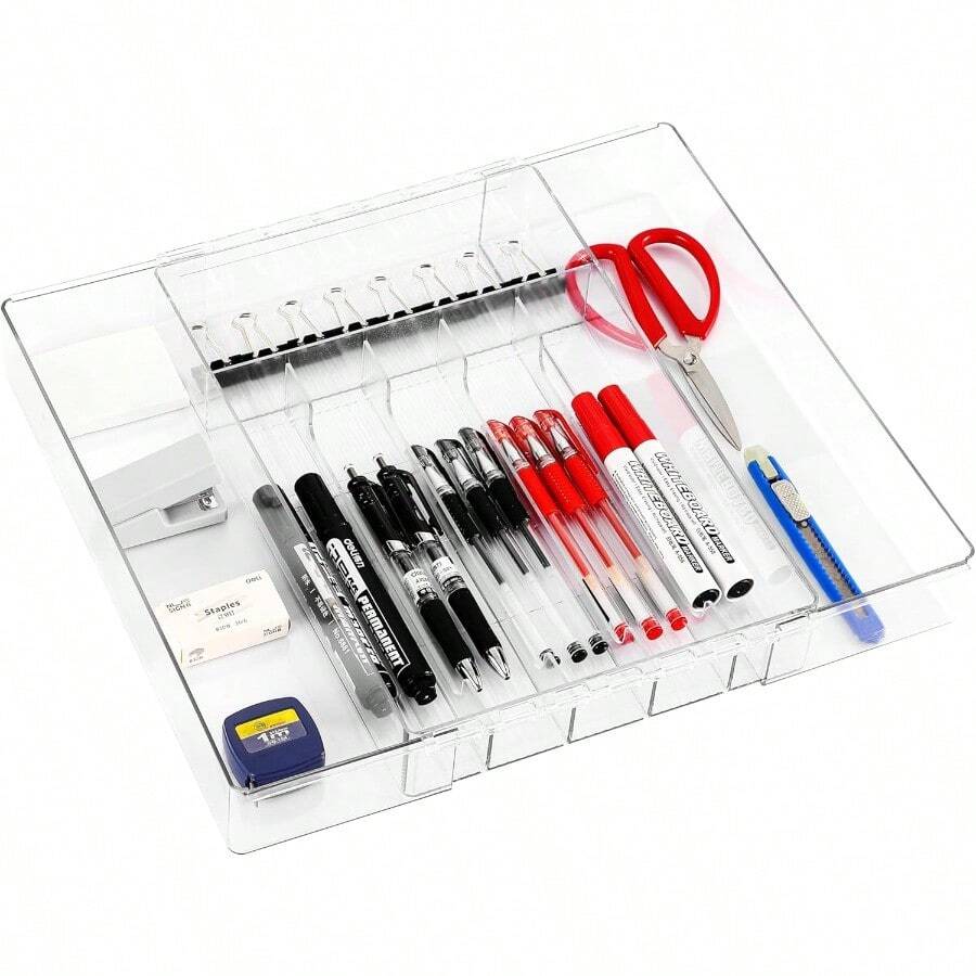 WSXC Silverware Drawer Organizer Tray For KitchenExpandable Utensil Tray Multipurpose Drawer Dividers Adjustable Cutlery And Flatware Holder Plastic Spoon Forks Knives Holder Storage Divider Clear-M - 清除 - 查看 1