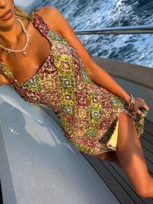 Women Sparkly Sequin Mini Dress Y2k Contrast Shining Split Slim Fit Sleeveless Sundress Summer Stylish Sexy Bodycon Going Out Party Dress Streetwear - 香檳色 - 查看 5
