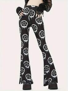 Daerling Women's Gothic Print Leggings - Stretchy Black Pants With White Pentagram Design, All-Season Machine Washable Tight-Fit For Casual & Formal Outfits, Fashionforward Attire, Medium Elasticity - phong cách - Xem 1