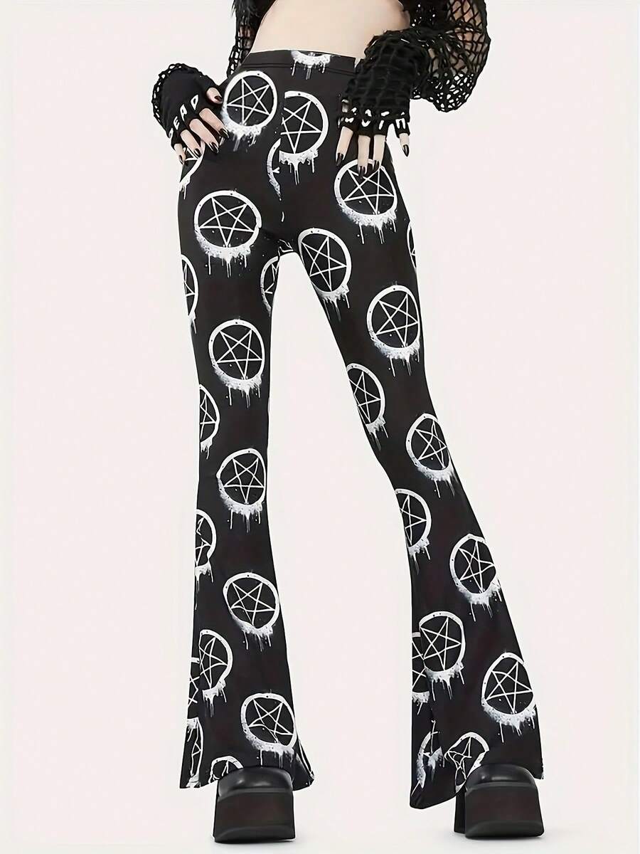 Daerling Women's Gothic Print Leggings - Stretchy Black Pants With White Pentagram Design, All-Season Machine Washable Tight-Fit For Casual & Formal Outfits, Fashionforward Attire, Medium Elasticity - phong cách - Xem 1