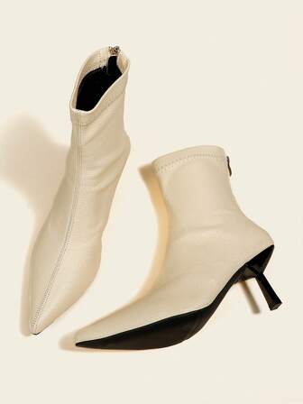 秋冬季女士7厘米高跟踝靴/短靴，黄色，舒适时尚尖头修身弹力靴，猫跟