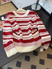 Pull asymétrique rayé blocs de couleurs pour femmes, pull décontracté à col rond tricoté pour l'automne/l'hiver - Rouge - Voir 1