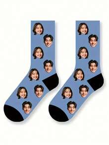 1 Pair Customized Face Design Unisex Mid-Calf Socks, Personalized Socks With Photo & Text Logo, Interesting Custom Portrait Socks For Men & Women, Suitable For Daily Wear, Holidays, Birthdays, Couple & Wedding Gifts - Multicolor - View 5