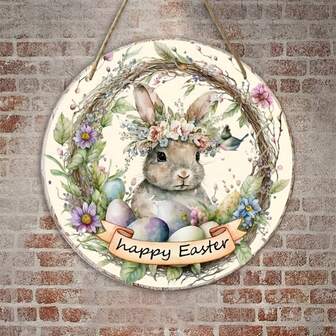 1pc Country Style Easter Bunny Wreath Sign, Size 8" X 8", Wooden Material, Suitable For Spring Holiday Wall Decor, Can Be Hung On Country Door, No Power Needed, Featuring Easter Eggs And Floral Patterns, Pre-Drilled Holes As Shown In Size Chart