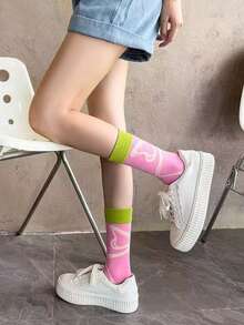 Calcetines de media pantorrilla con bloques de color dulce y fresco, calcetines retro de colores llamativos con diseño de rayas de lazo - Multicolor - Ver 1