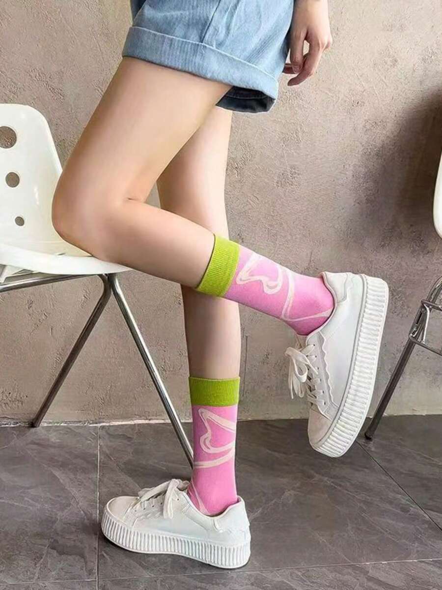 Calcetines de media pantorrilla con bloques de color dulce y fresco, calcetines retro de colores llamativos con diseño de rayas de lazo - Multicolor - Ver 1