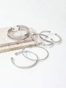 7pcs/Set Exaggerated Personalized Hammered Hexagram & Twist Open Bangle Bracelet Set, Suitable For Daily Wear, Gift - Silver - View 3