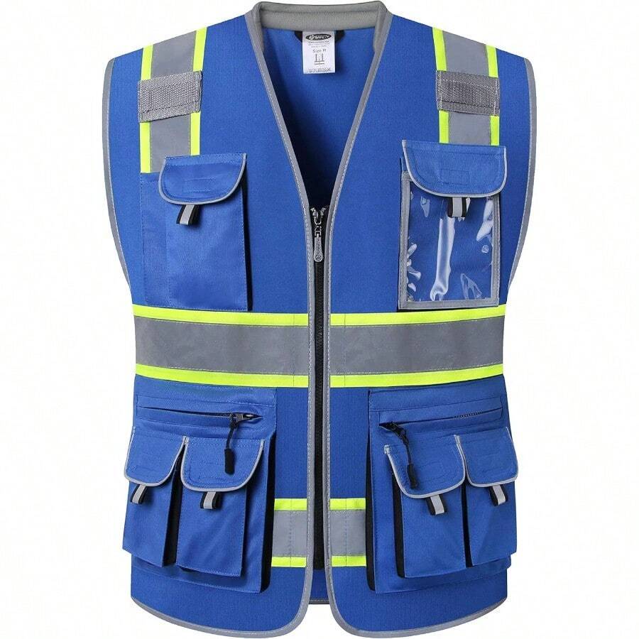 JKSafety Chaleco de  de alta visibilidad con 10 bolsillos para hombres y mujeres con cierre de alta visibilidad ANSI/ISEA Clase 2High-Visibility Vest - Bluet1s1 - Ver 1